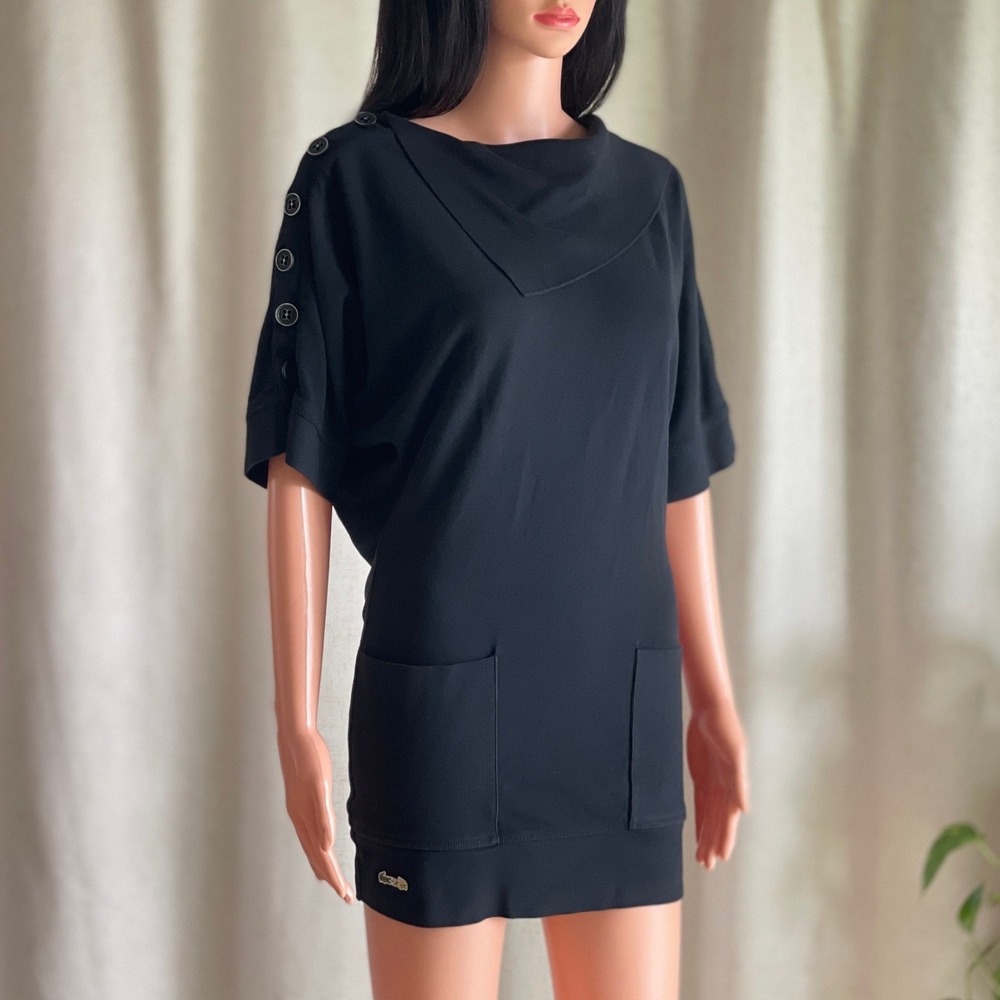 Lacoste + Malandrino Womens Black Cotton Modal Button Shoulder Tunic Dress S